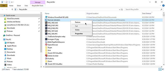 بازیابی از سطل زباله (Recycle Bin)