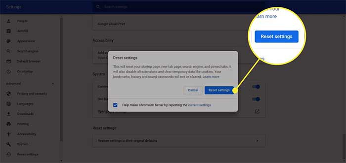 ریست تنظیمات کروم